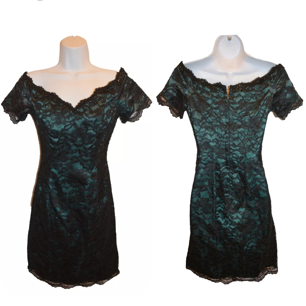 Loralie Vintage 80s Green & Black Lace Short Party Prom Formal Dress sz 4